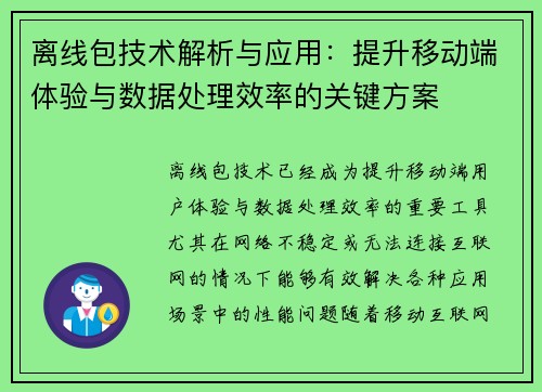 离线包技术解析与应用:提升移动端体验与数据处理效率的关键方案 离线包技术解析与应用:提升移动端体验与数据处理效率的关键方案